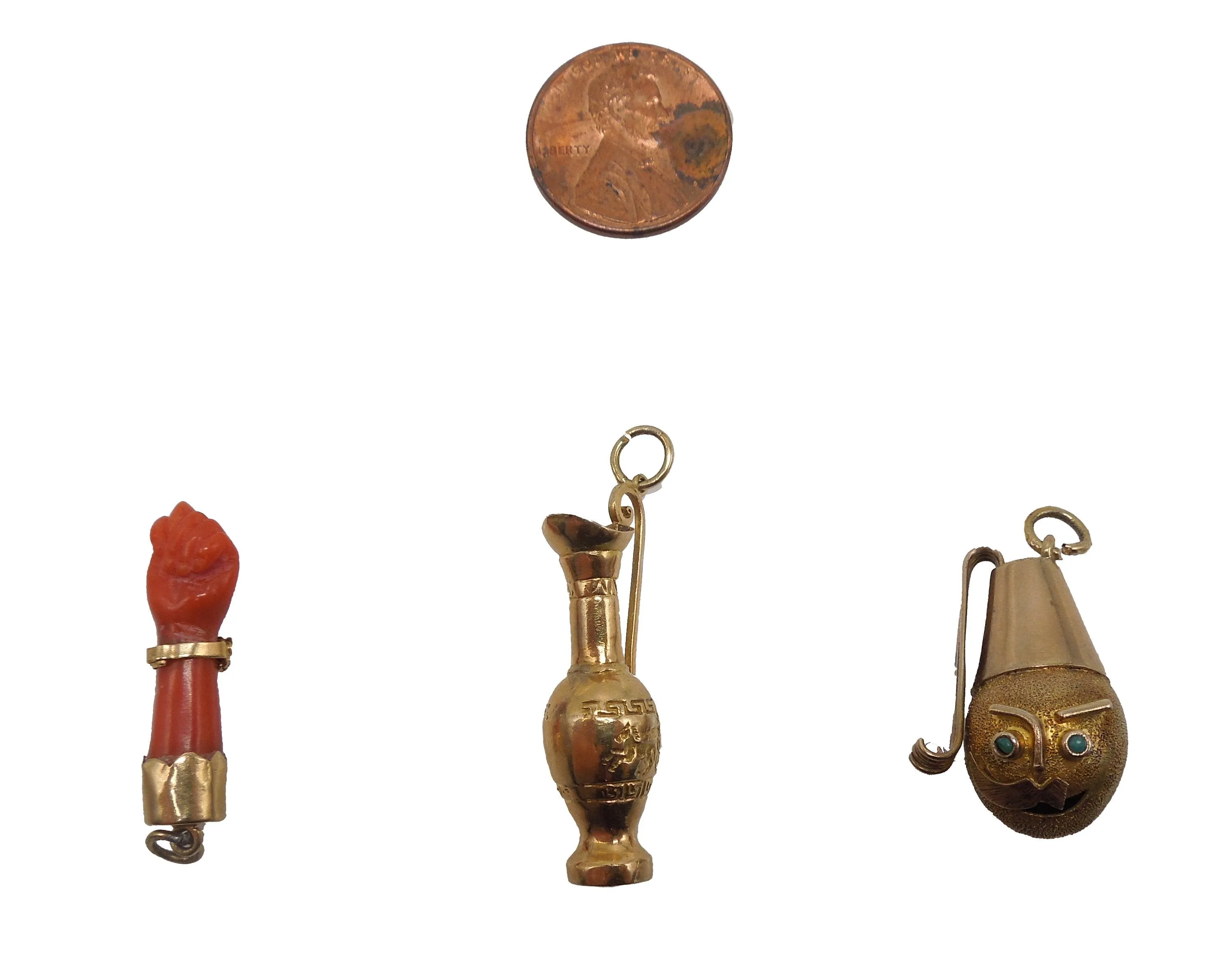 Lot of 3 Gold Charms for Charm Bracelet - Figa, Greek Soldier, Greek Amphora