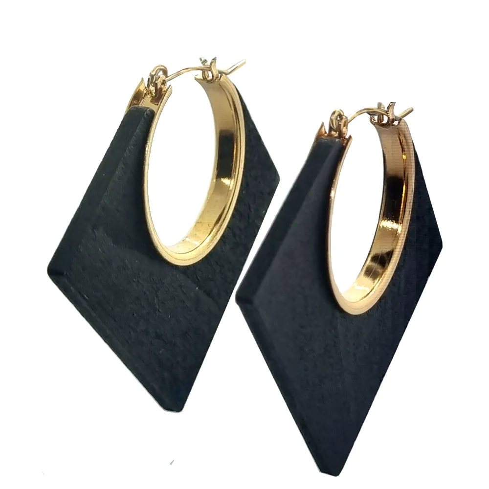 Lozenge Shape Brown Wood and Metal Earrings