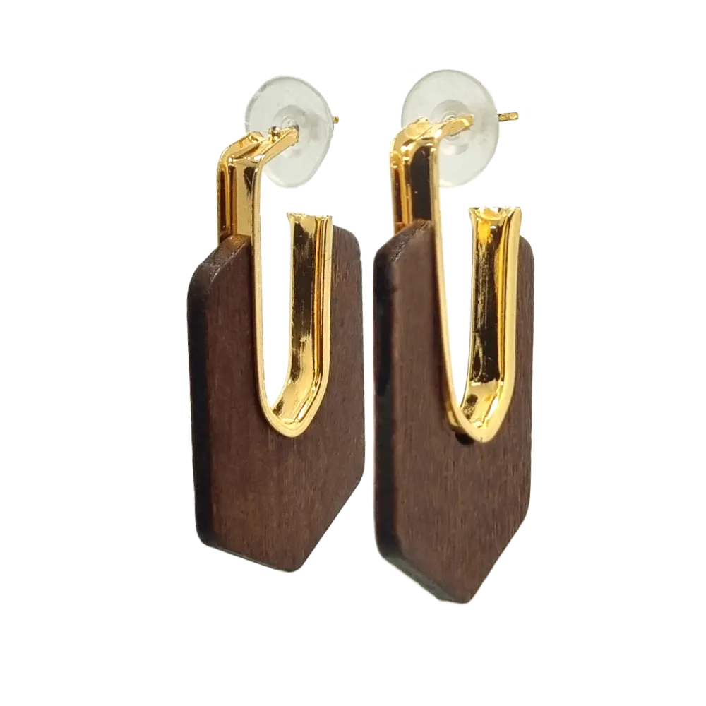 Lozenge Shape Brown Wood and Metal Earrings