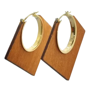 Lozenge Shape Brown Wood and Metal Earrings