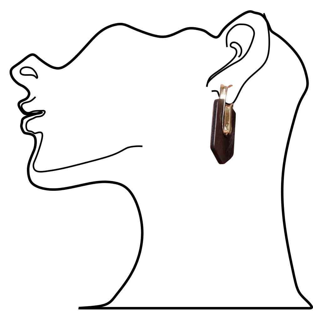 Lozenge Shape Brown Wood and Metal Earrings