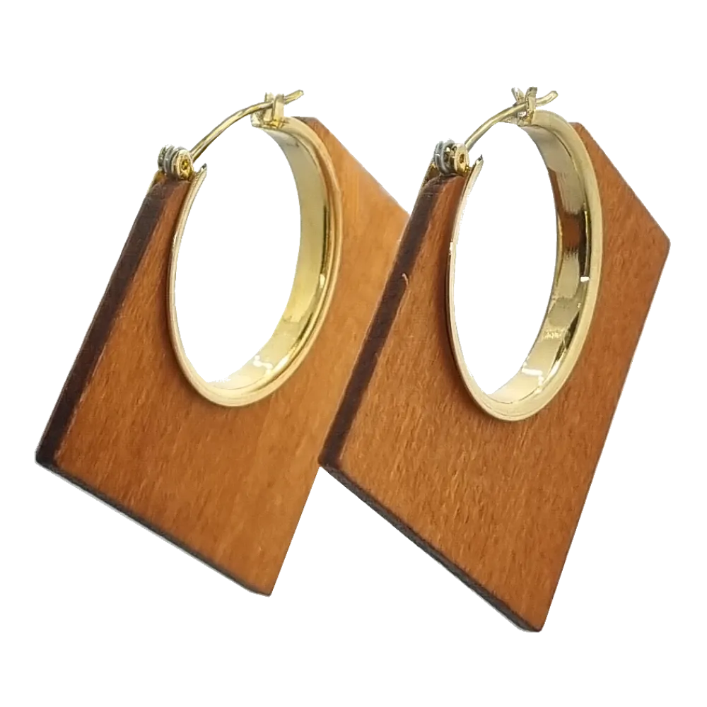 Lozenge Shape Brown Wood and Metal Earrings
