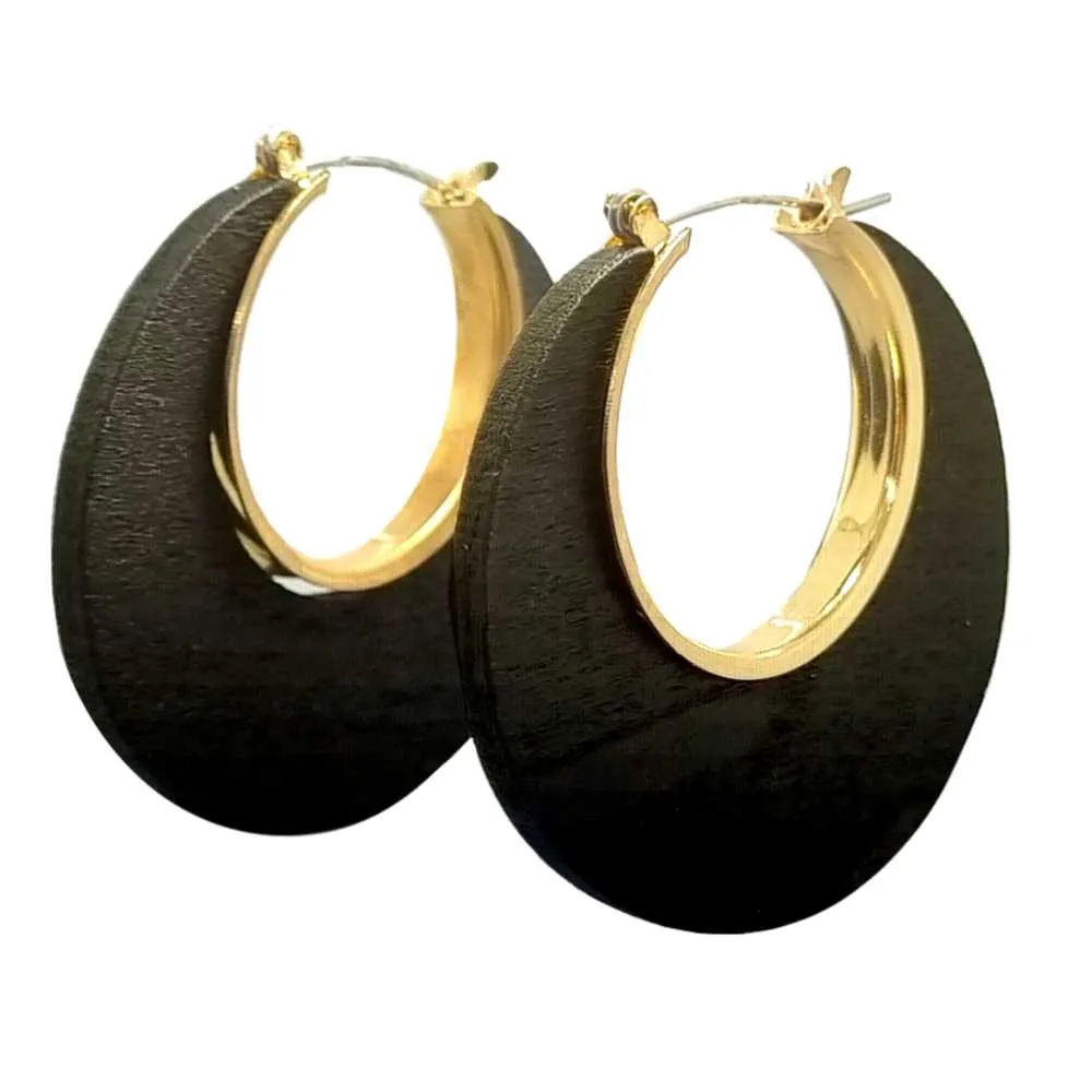 Lozenge Shape Brown Wood and Metal Earrings