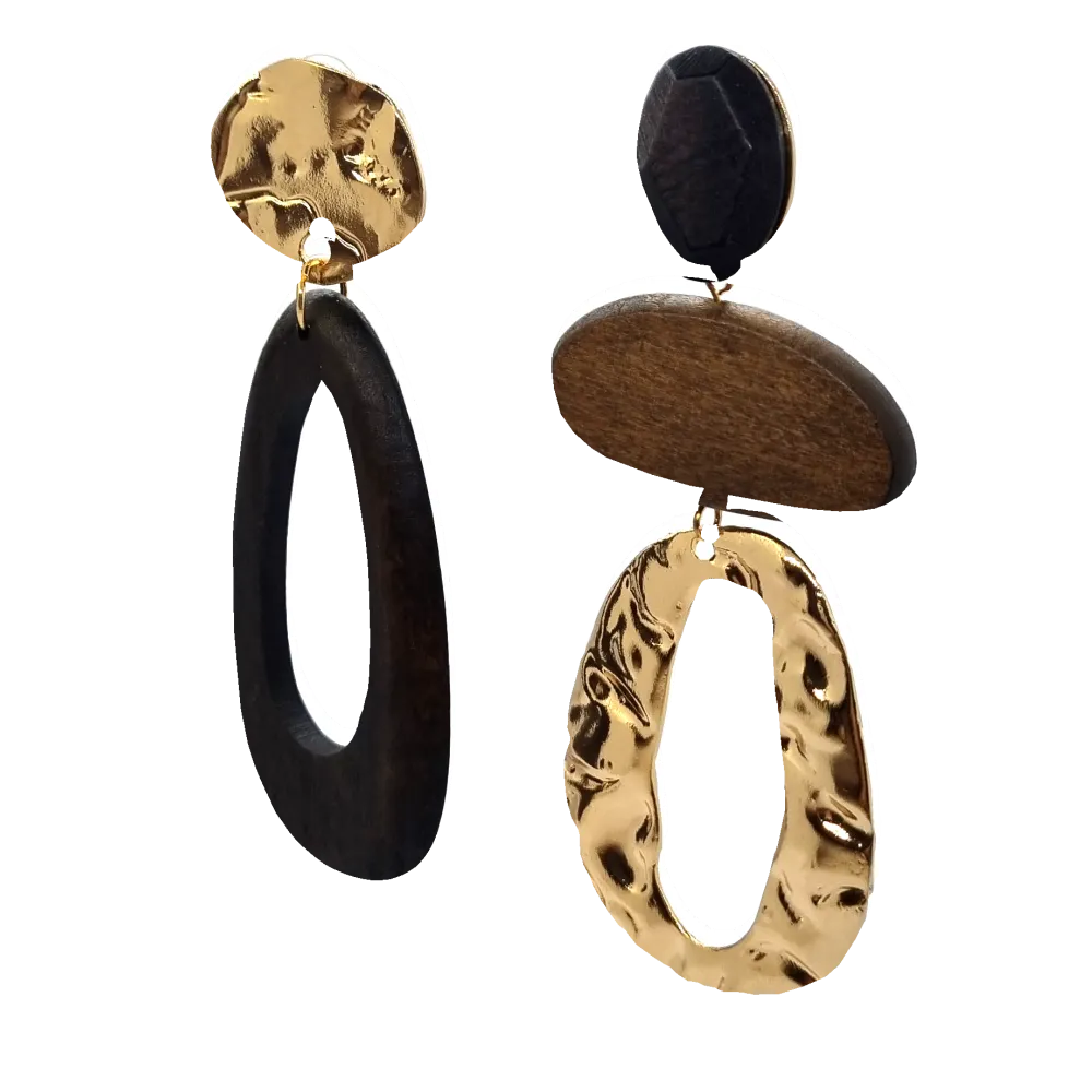 Lozenge Shape Brown Wood and Metal Earrings