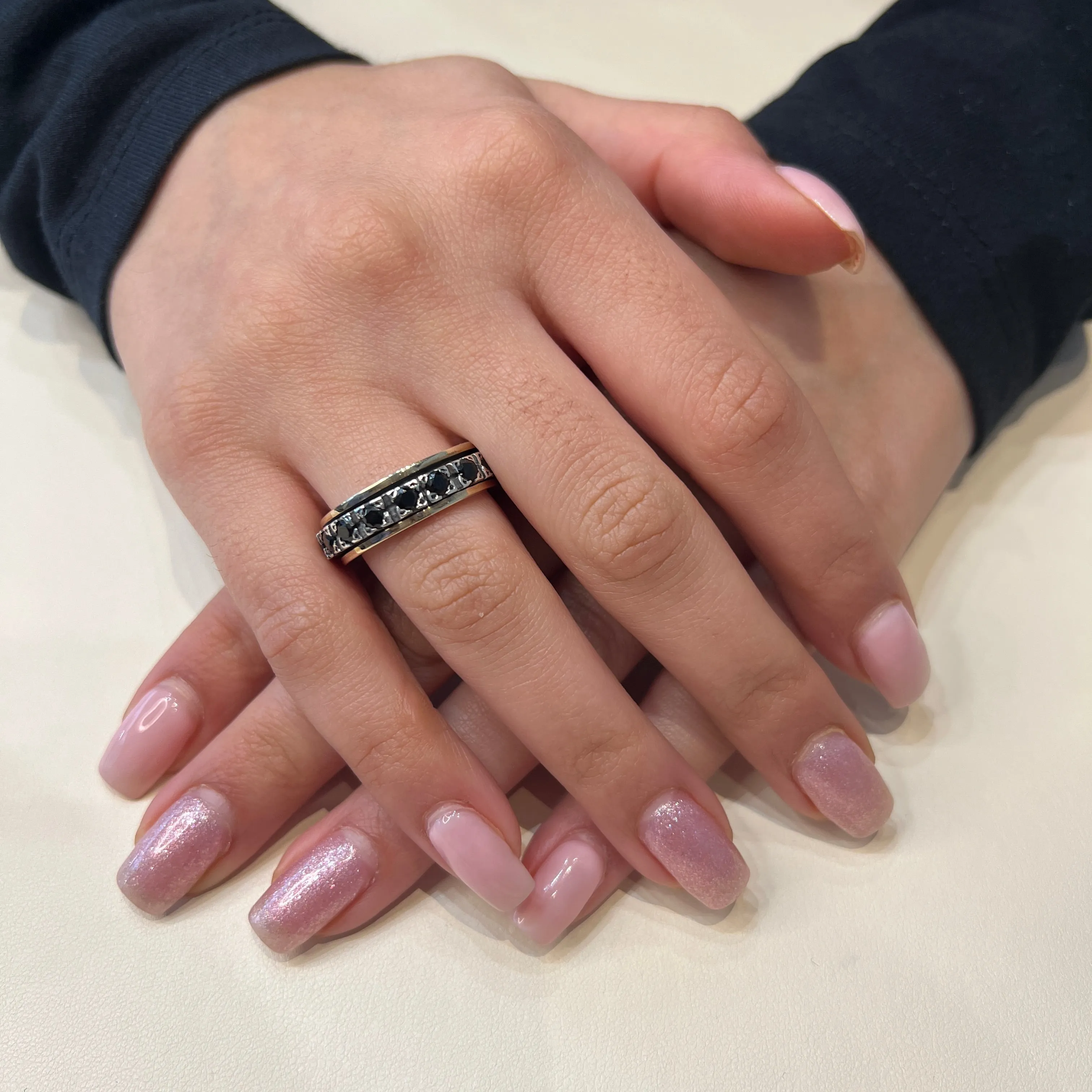 Meditation Ring Boundless Sterling Silver and 10K Yellow Gold Black CZ Spinning Band