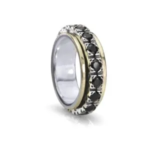 Meditation Ring Boundless Sterling Silver and 10K Yellow Gold Black CZ Spinning Band