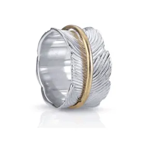 Meditation Ring Eden Sterling Silver and 10K Yellow Gold Plated Leaf Pattern Spinning Band
