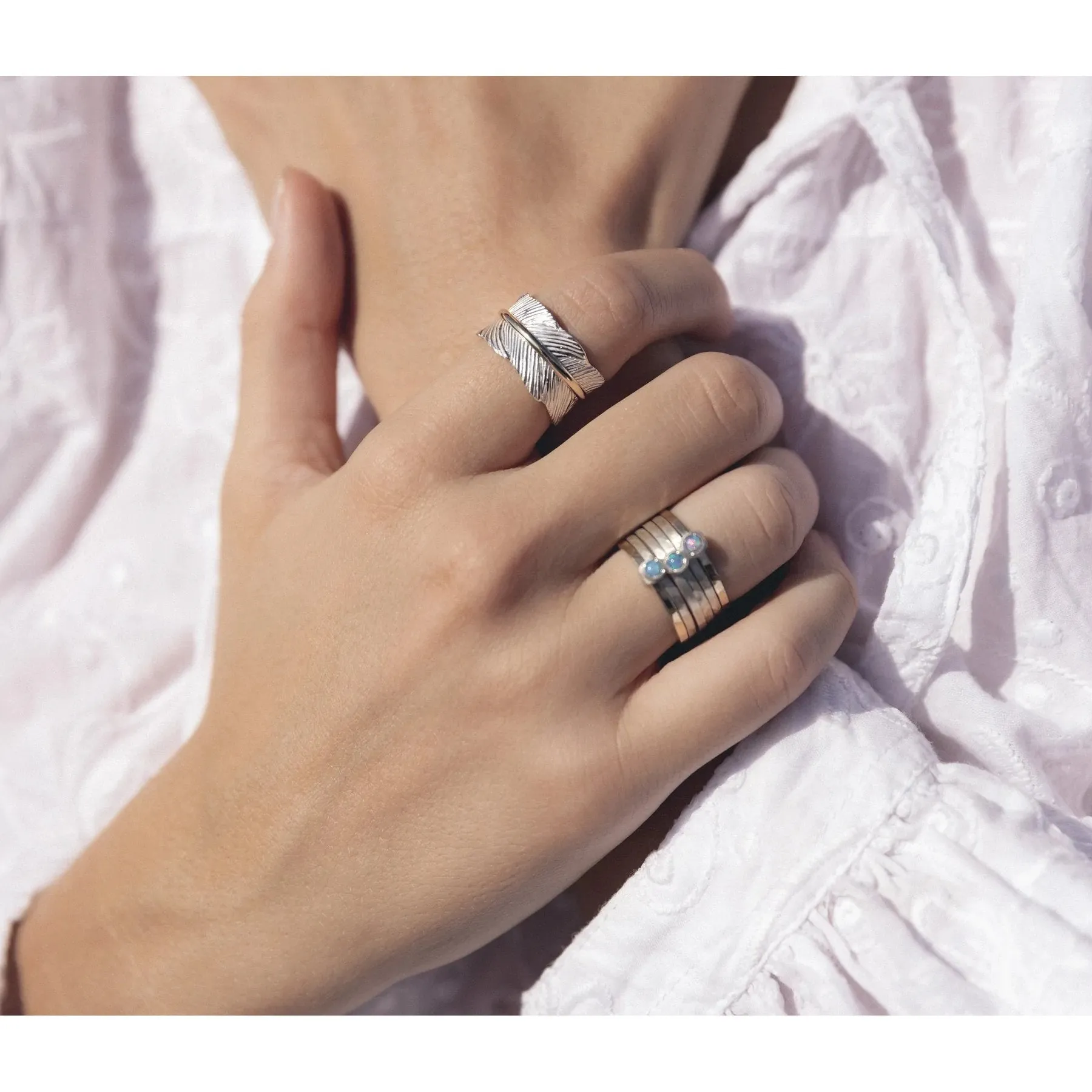 Meditation Ring Eden Sterling Silver and 10K Yellow Gold Plated Leaf Pattern Spinning Band