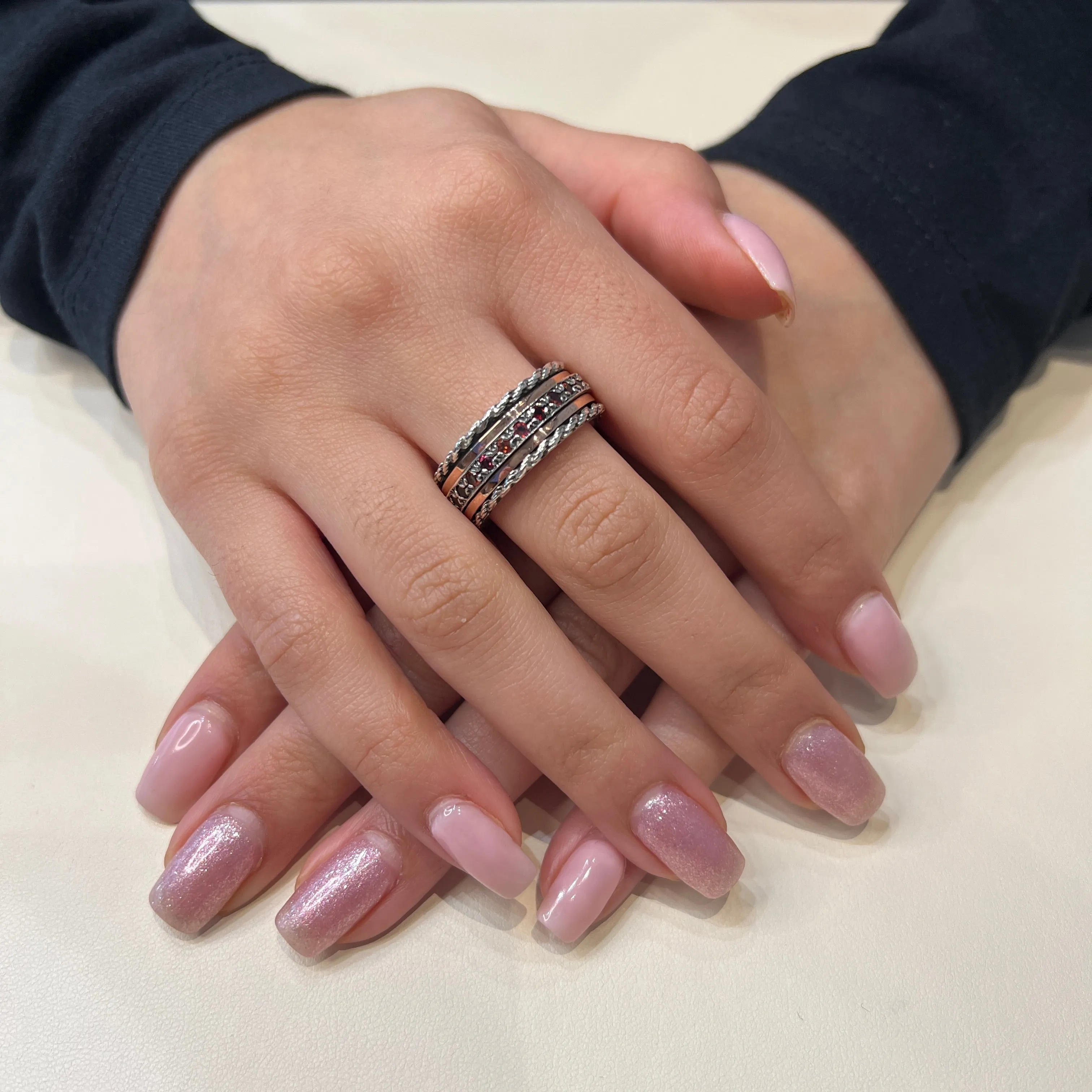 Meditation Ring Endless Sterling Silver and 10K Rose Gold Plated Garnet Gemstones Spinning Band