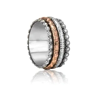 Meditation Ring Prayer Sterling Silver and 10K Rose Gold Plated Floral Spinning Band