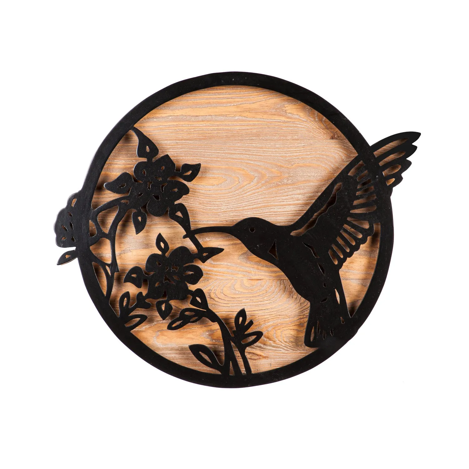 Metal and Wood Round Wall Décor Hummingbird, 18"x1.5"x18"inches