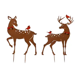 Metal Deer w/Cardinals and Jingle Bells Garden Stake, Set of 2,47m3553
