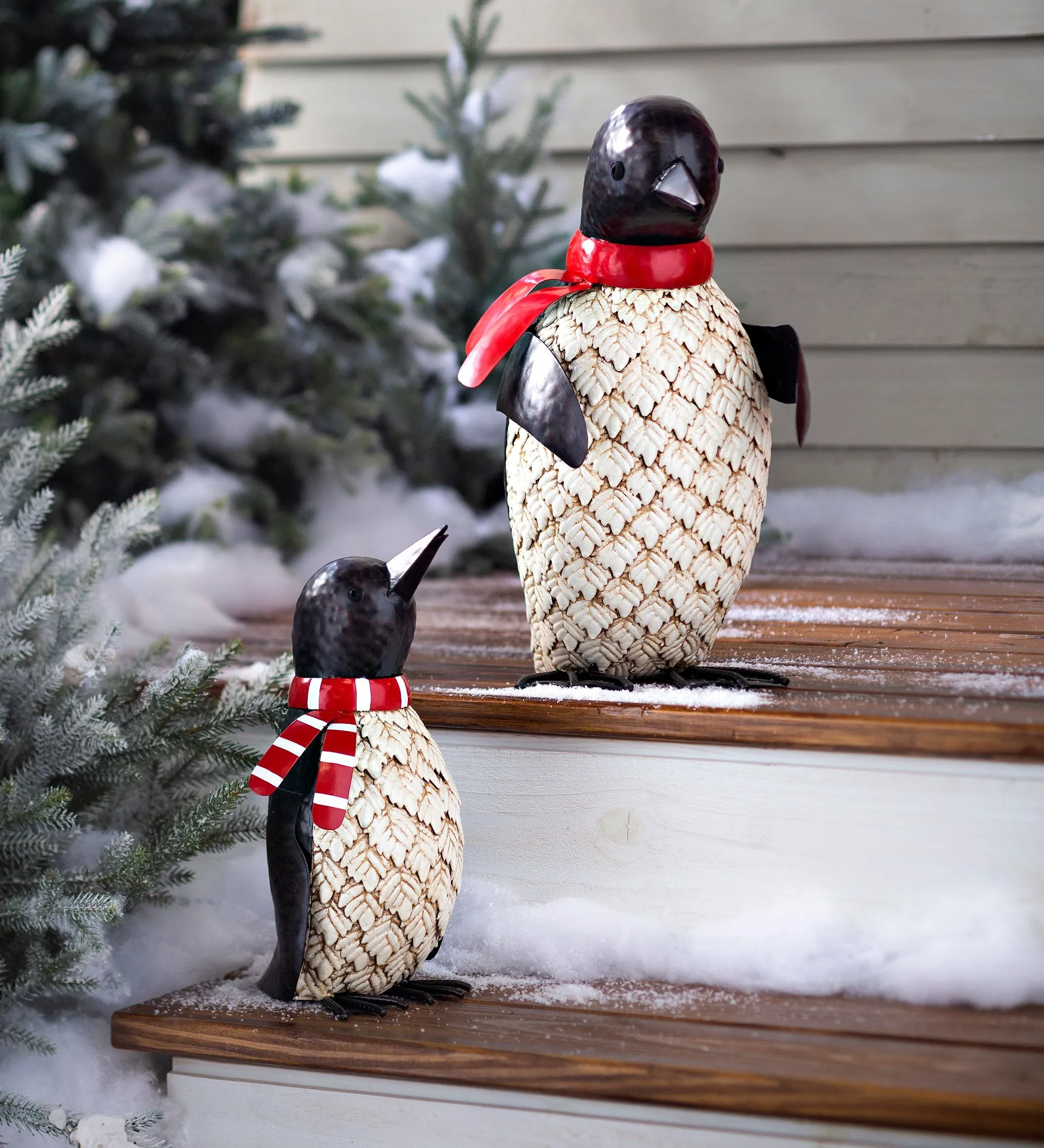 Metal Holiday Penguin Statues, Set of 2, 10"x10"x17.25"inches