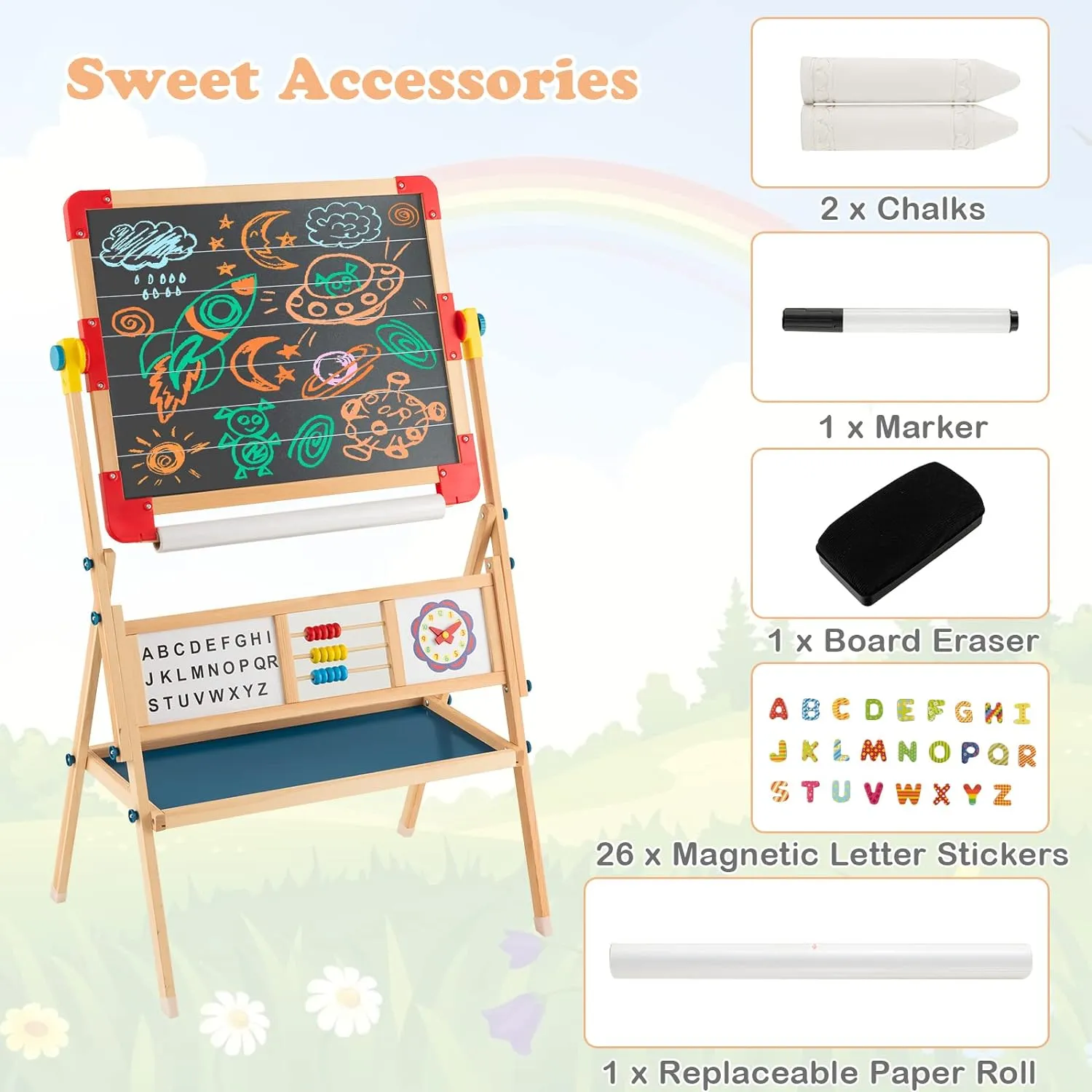 Montessori 3-in-1 360° Educational Magnetic Art Easel | Whiteboard | Chalkboard | Accessories