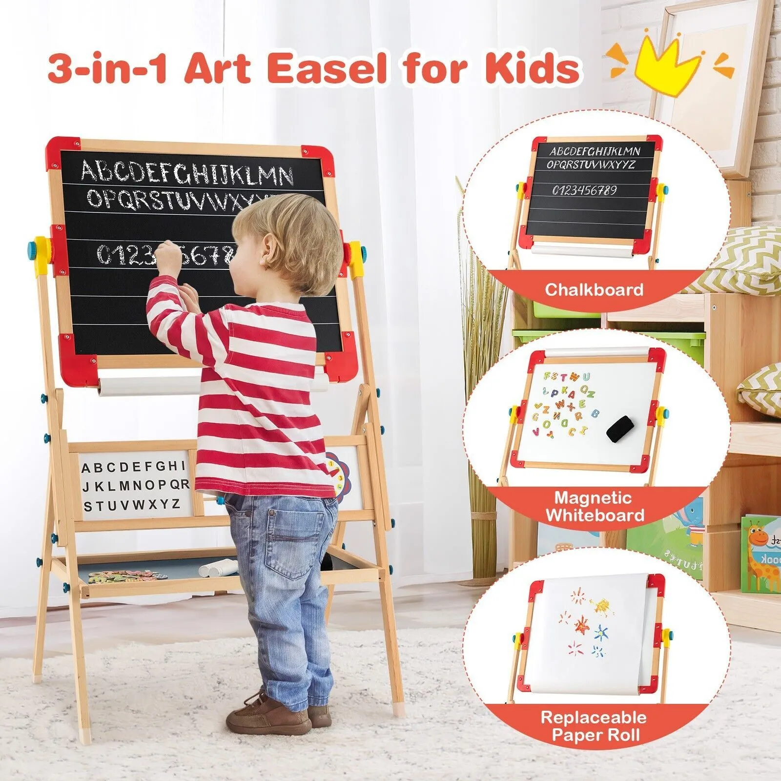 Montessori 3-in-1 360° Educational Magnetic Art Easel | Whiteboard | Chalkboard | Accessories
