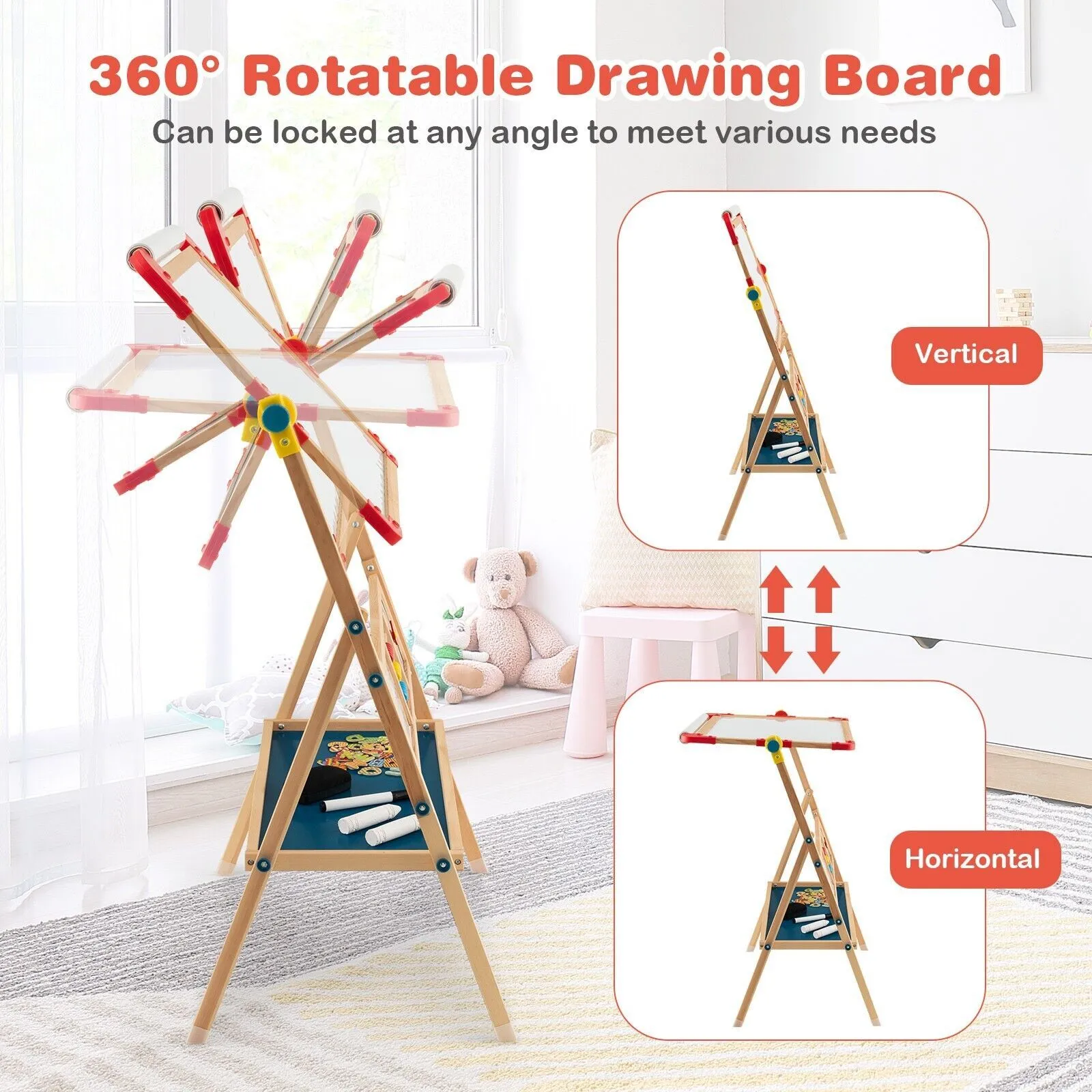 Montessori 3-in-1 360° Educational Magnetic Art Easel | Whiteboard | Chalkboard | Accessories