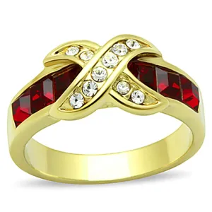 MT 8831 -  IP Gold(Ion Plating) Stainless Steel Ring with Top Grade Crystal in Garnet/Ruby Newest