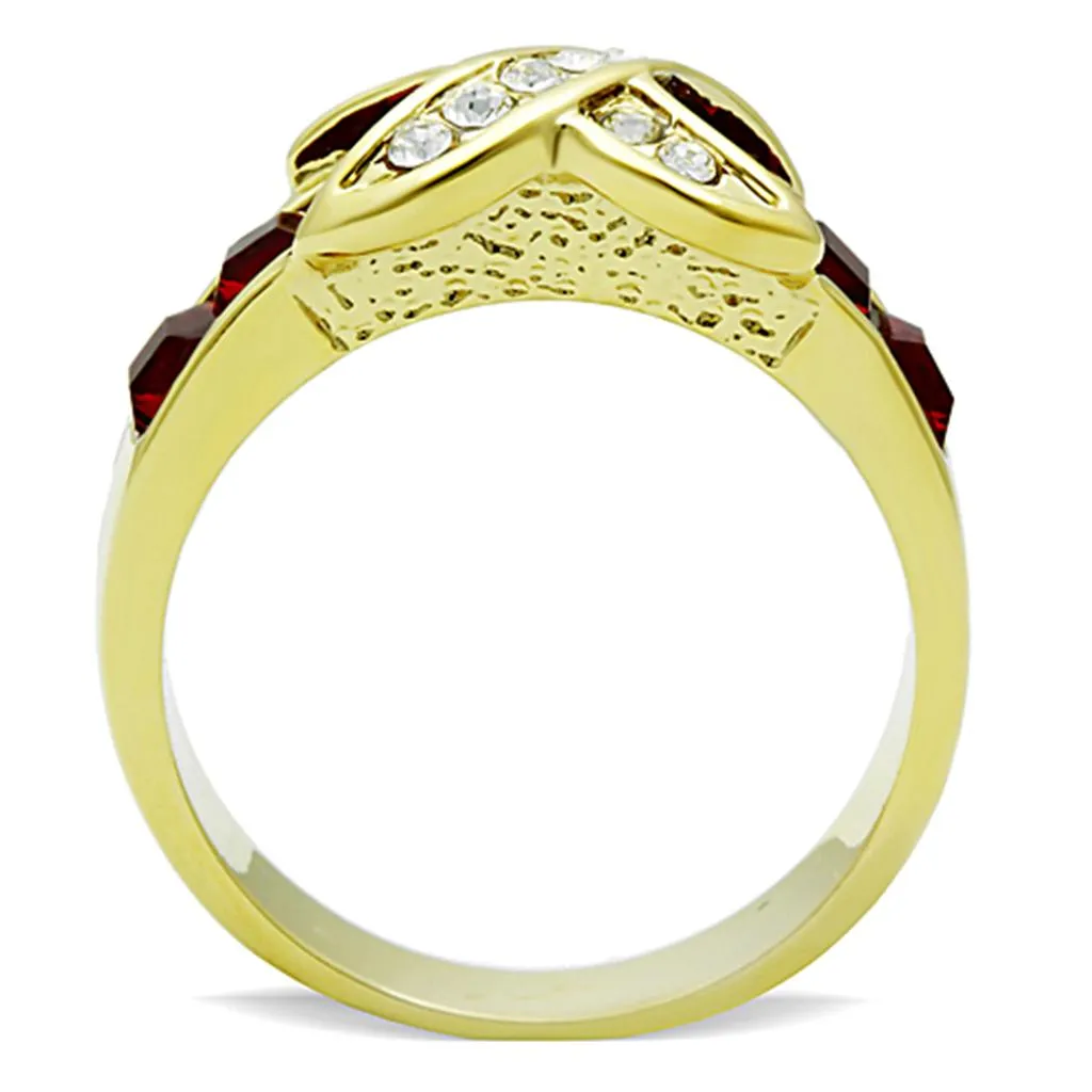 MT 8831 -  IP Gold(Ion Plating) Stainless Steel Ring with Top Grade Crystal in Garnet/Ruby Newest