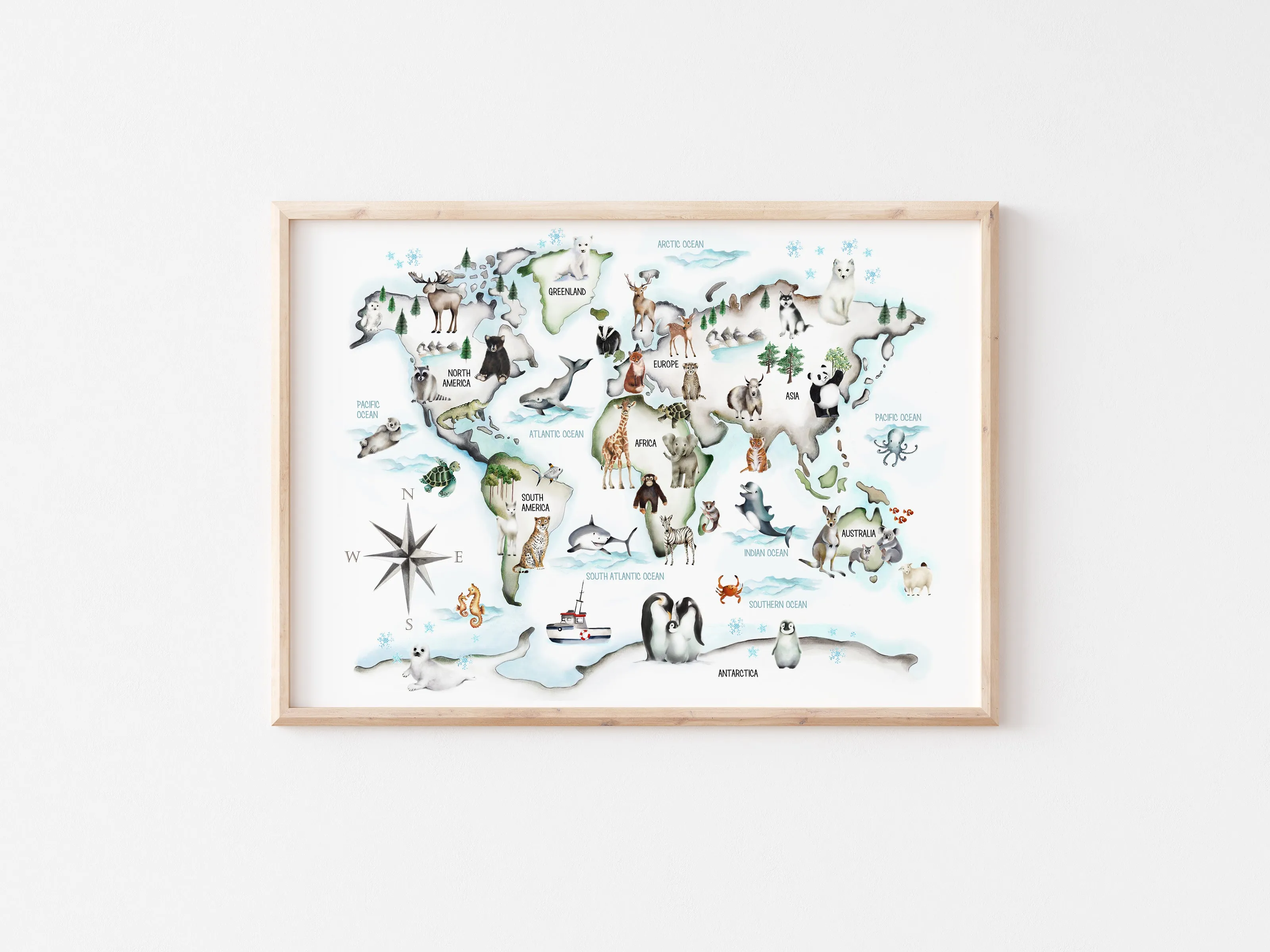 Multi-Color Kids Animal World Map Print