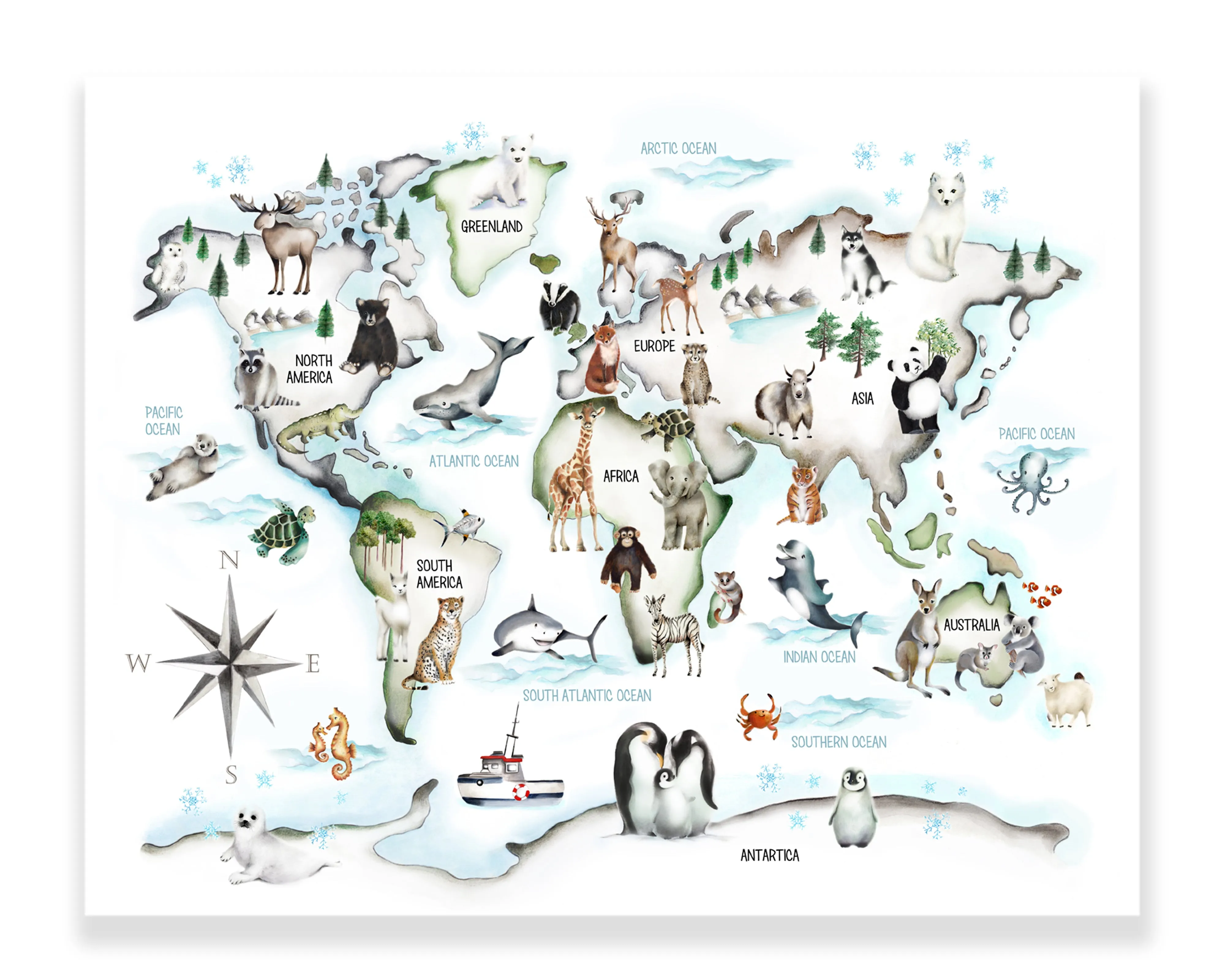 Multi-Color Kids Animal World Map Print