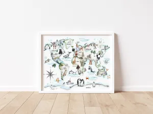 Multi-Color Kids Animal World Map Print