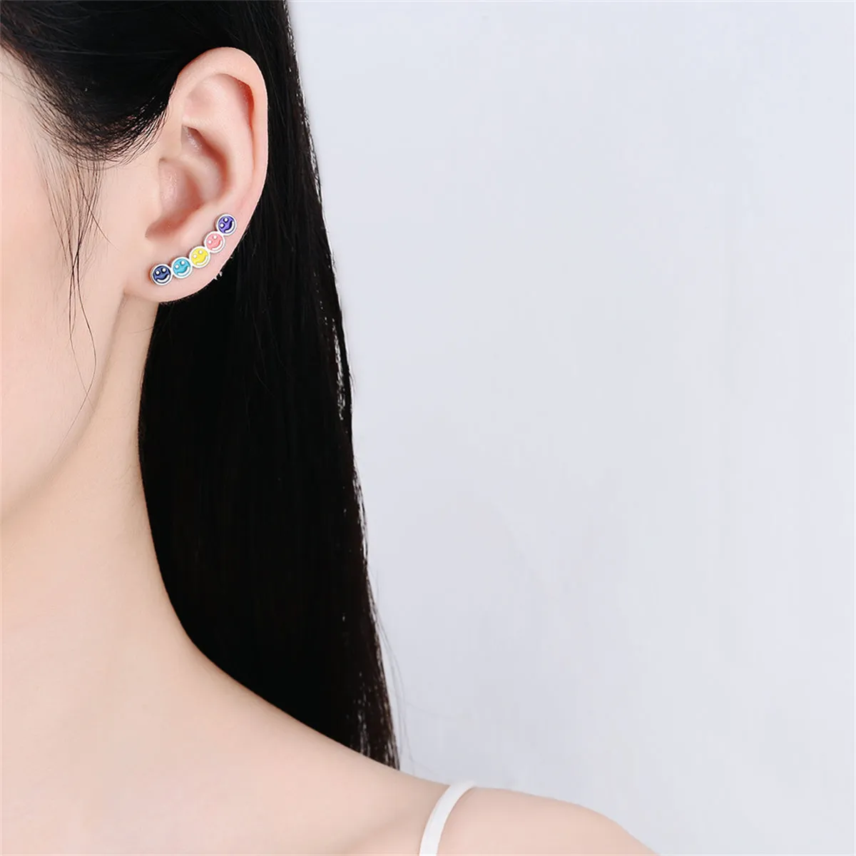 Multicolor & Silver-Plated Smiley Ear Climbers