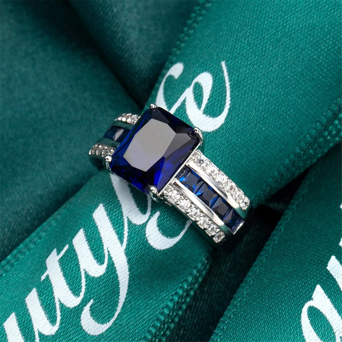 Navy Crystal & Cubic Zirconia Princess-Cut Ring