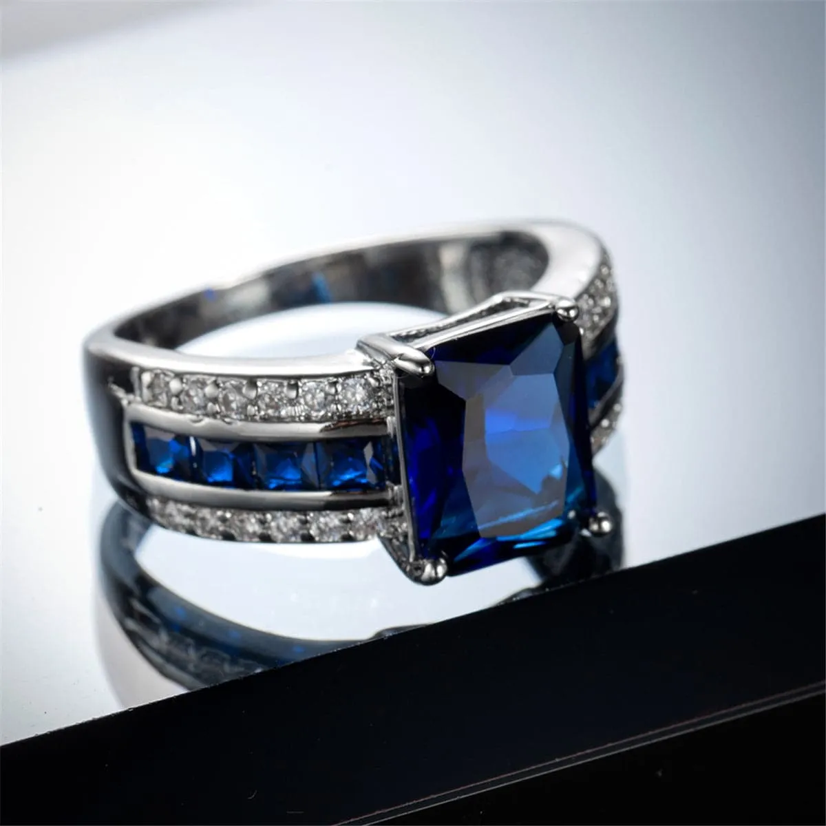 Navy Crystal & Cubic Zirconia Princess-Cut Ring
