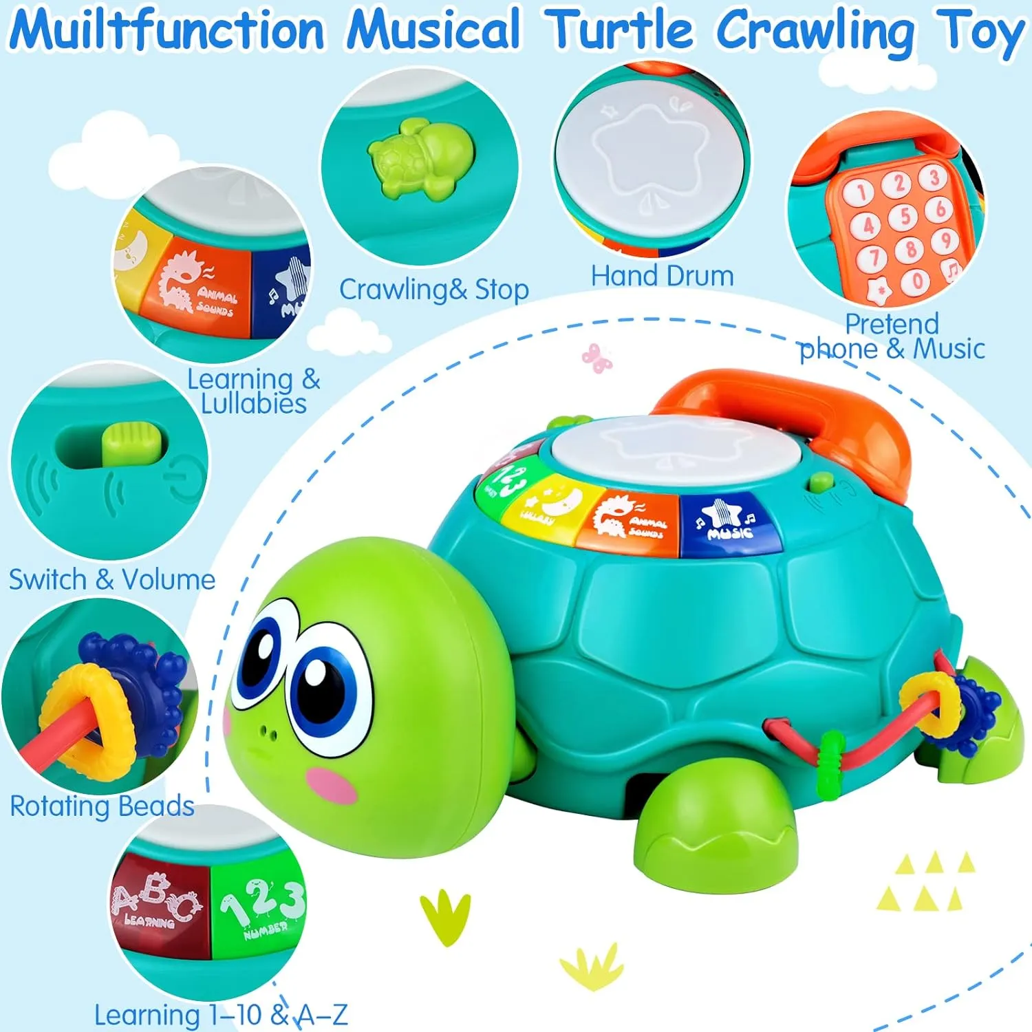 NEW Musical Turtle Baby Toys 6 to12 Months, Tummy Time Toddler Crawling Toys with Light & Music, Early Learning Educational Toys for 1-2 Year Old Boy Girl