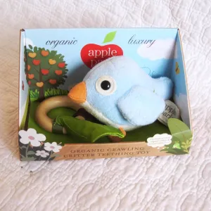 Organic Cotton Blue Bird Teething Toy, Pull and Play Jiggle, by Apple Park, Ages 6 mo. 