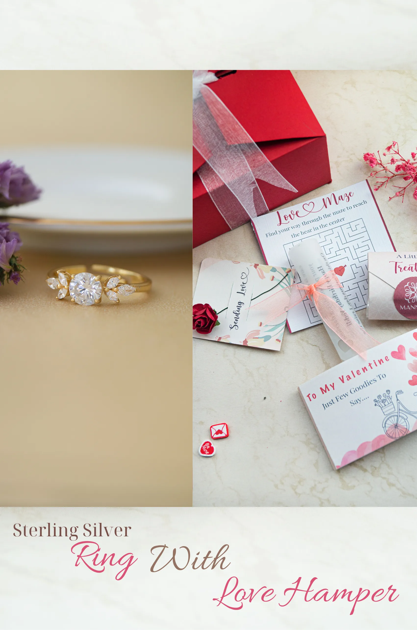 Ornate Solitaire Gold Plated Sterling Silver Adjustable Ring Love Hamper ❤️