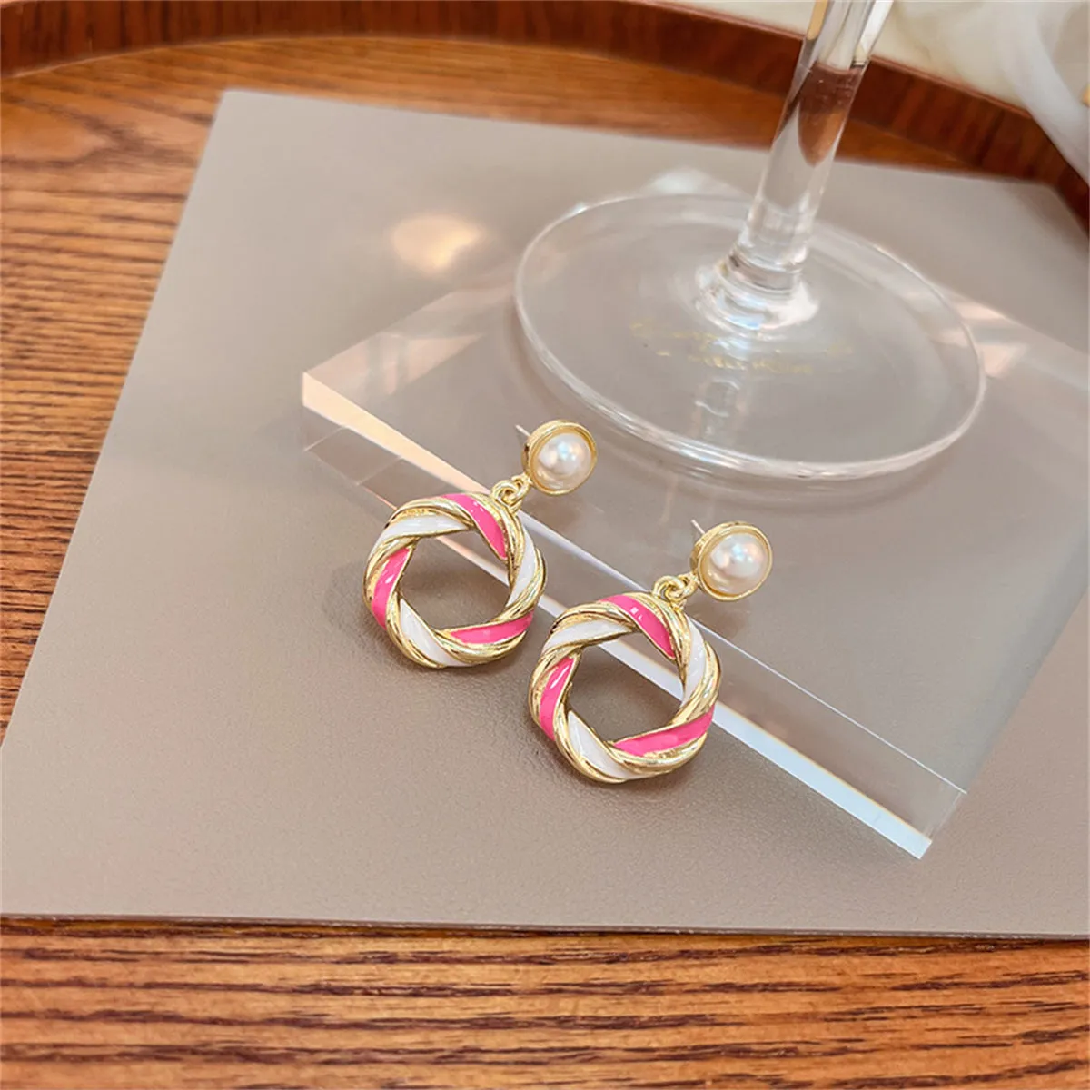 Pearl & White Enamel 18K Gold-Plated Twine Round Drop Earrings