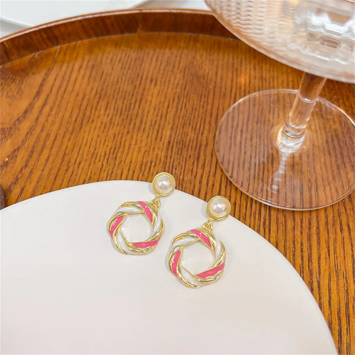 Pearl & White Enamel 18K Gold-Plated Twine Round Drop Earrings