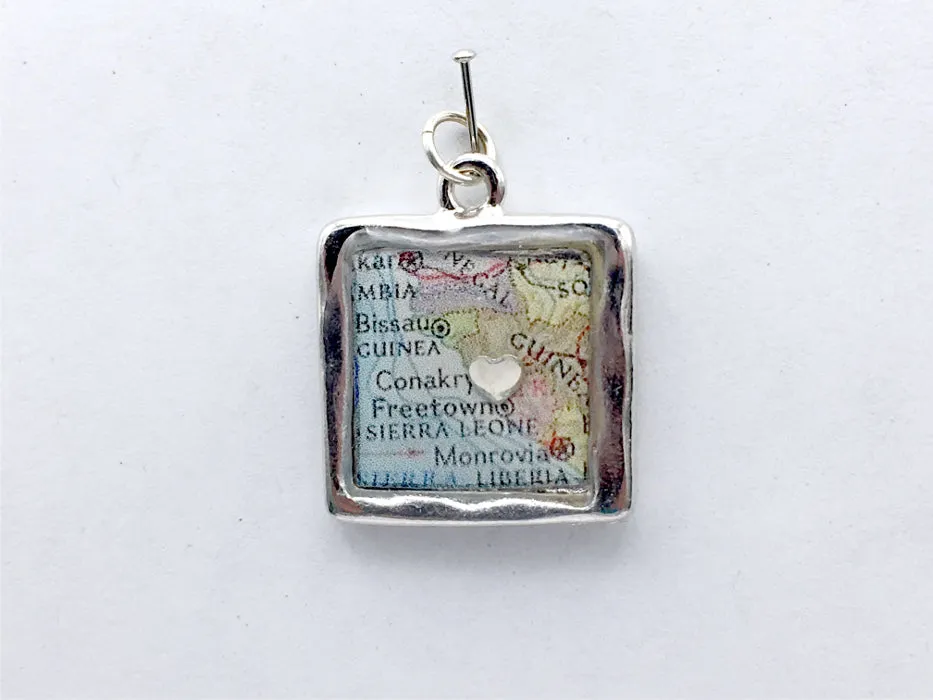 Pewter w/ Sterling Silver heart and Conakry, Guinea Map pendant, maps, West Africa