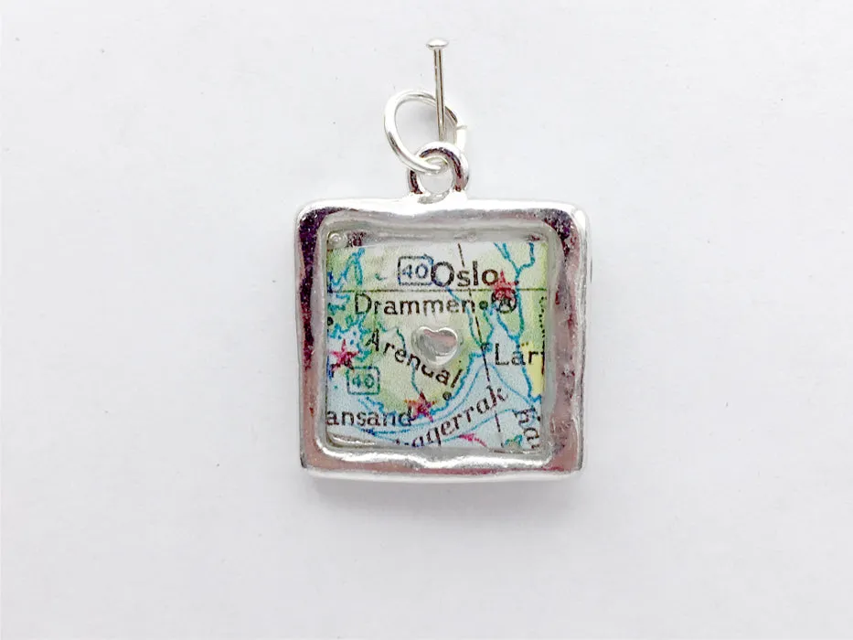 Pewter w/ Sterling Silver heart with Oslo Norway Map pendant, Drammen, Arendal