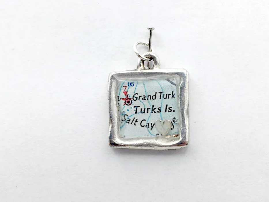 Pewter with Sterling Silver heart and vintage map print of Turks Islands, Salt Cay pendant-resin, travel