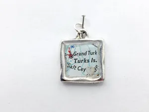 Pewter with Sterling Silver heart and vintage map print of Turks Islands, Salt Cay pendant-resin, travel