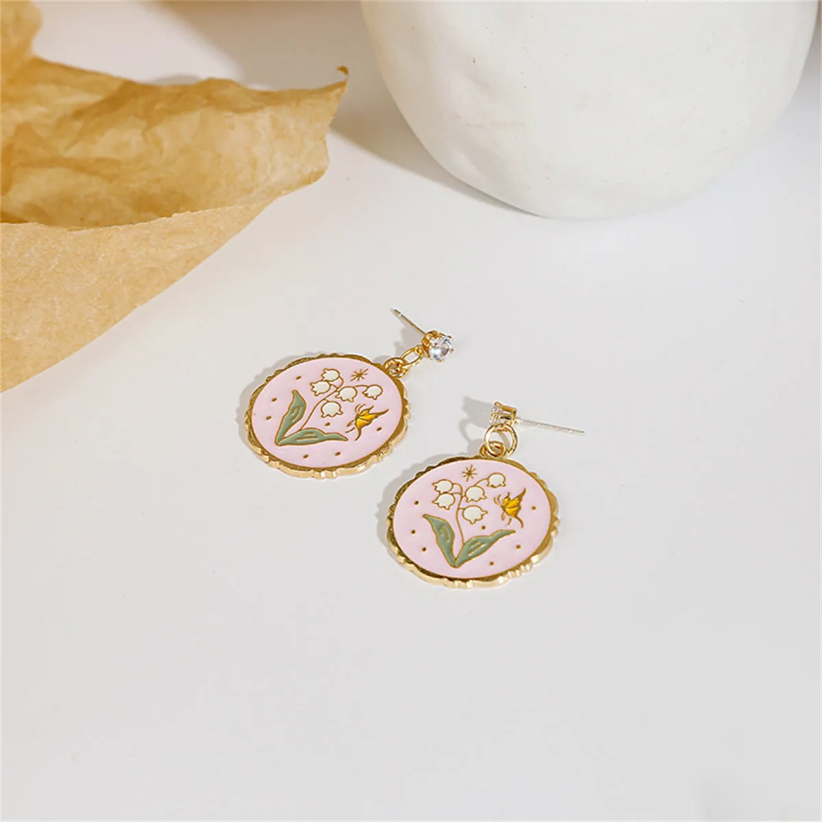 Pink Enamel & 18K Gold-Plated Lily Of The Valley Drop Earrings