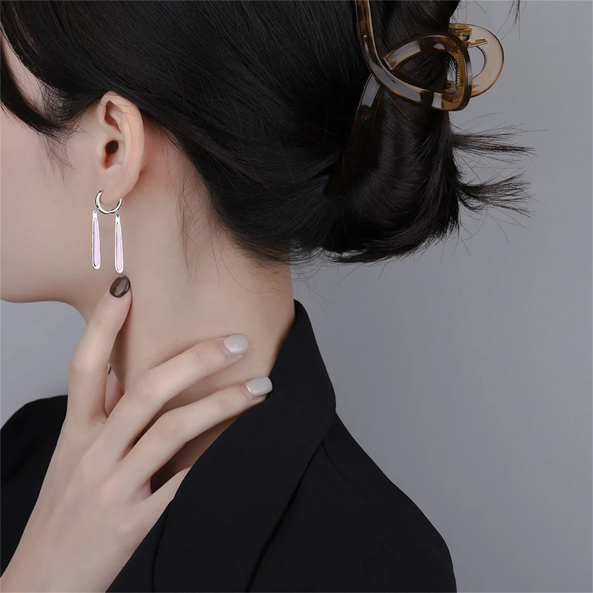 Pink Enamel & Silver-Plated Drop Huggie Earrings