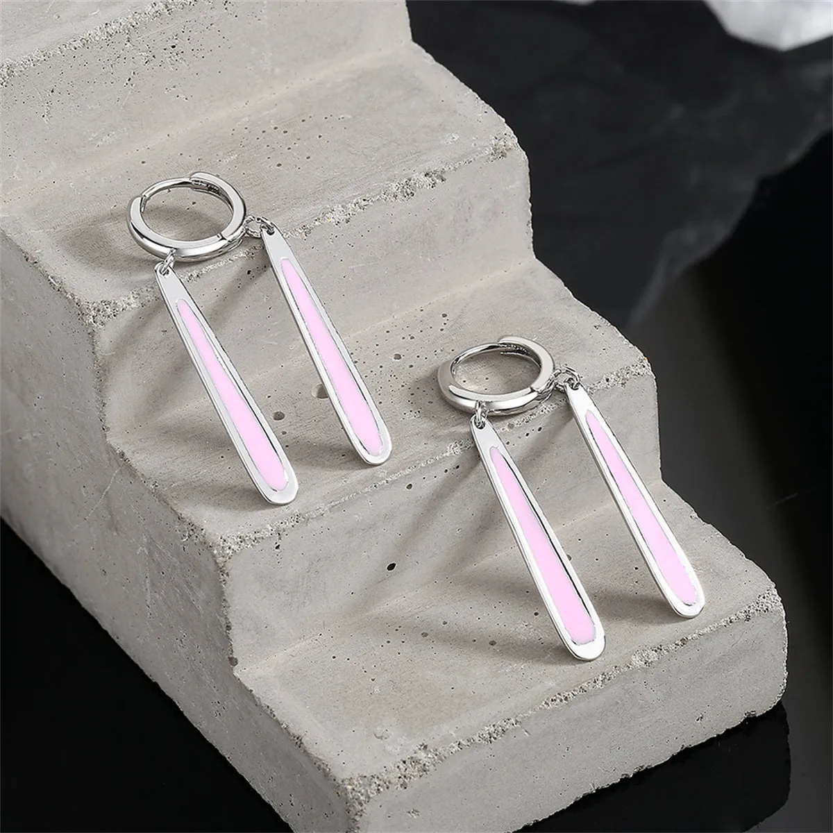 Pink Enamel & Silver-Plated Drop Huggie Earrings
