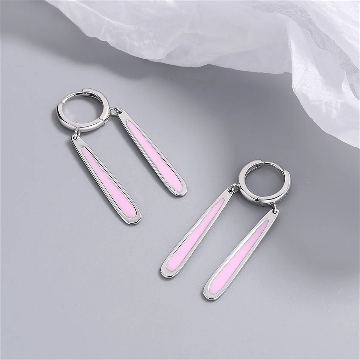 Pink Enamel & Silver-Plated Drop Huggie Earrings
