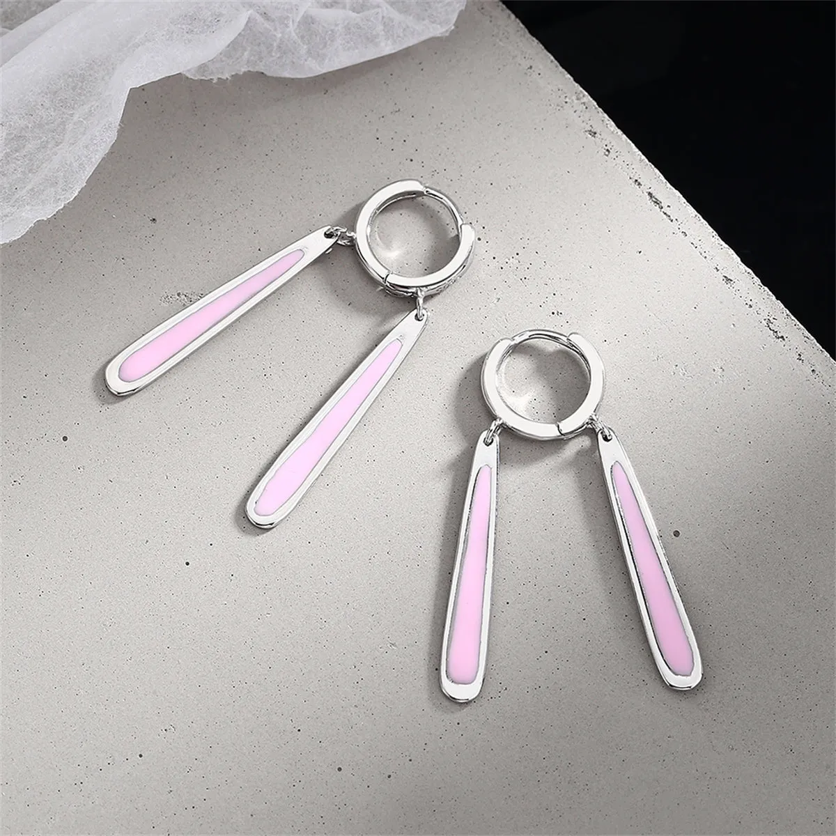 Pink Enamel & Silver-Plated Drop Huggie Earrings