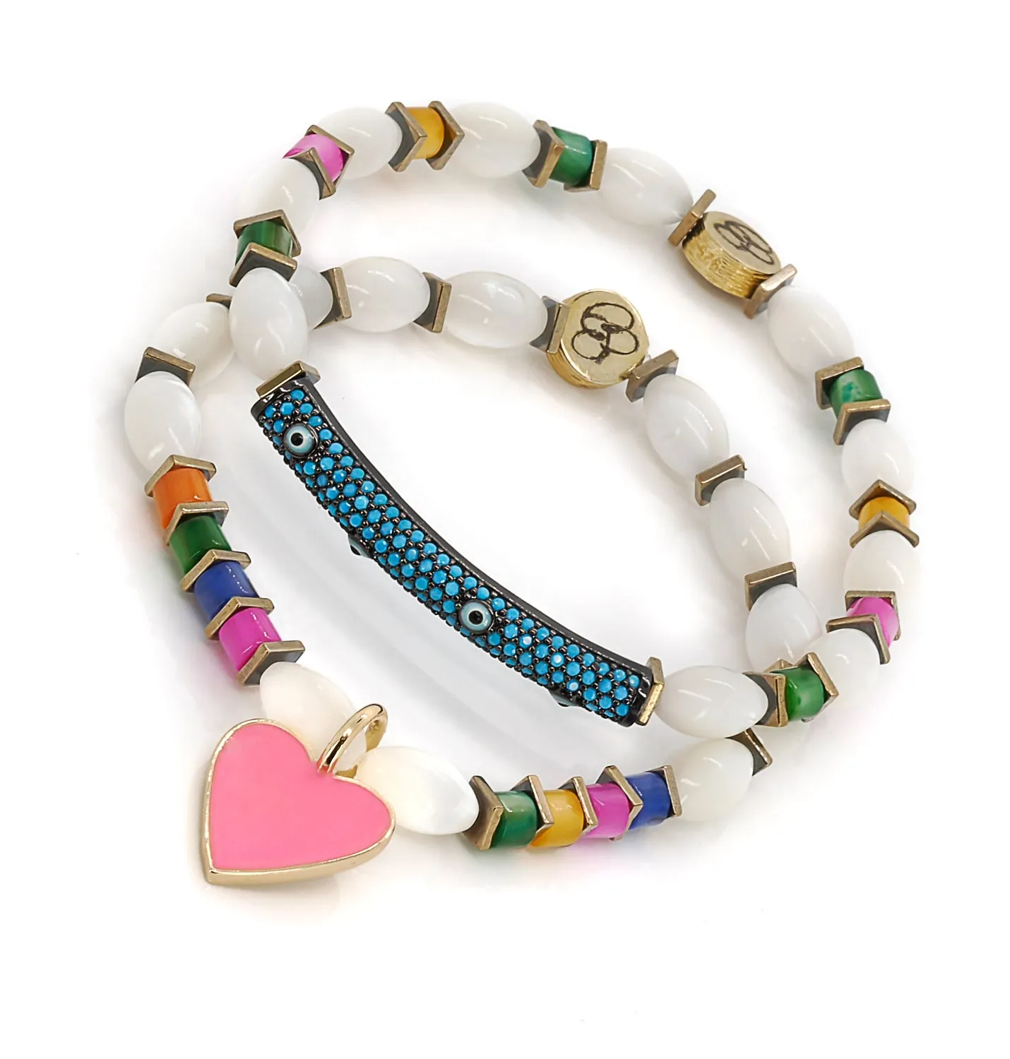 Pink Heart Blue Evil Eye Pearl Beaded Bracelet Set