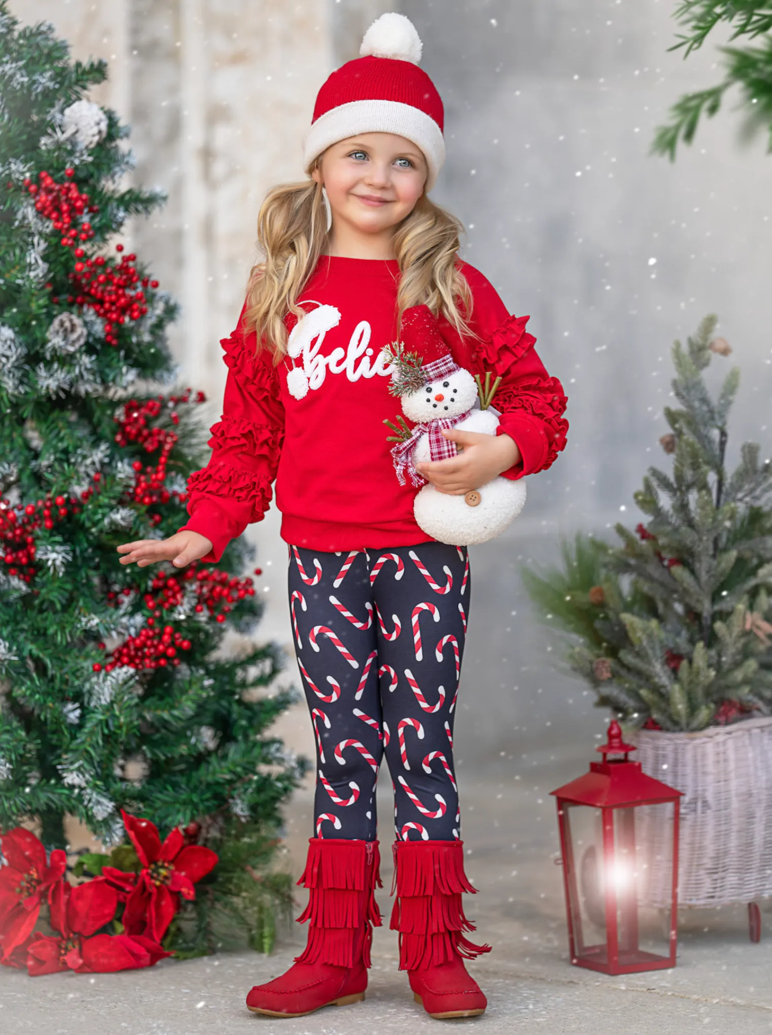 "Believe" Embroidered Christmas Top & Candy Cane Legging Set