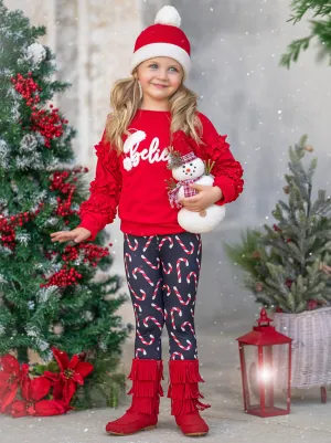 "Believe" Embroidered Christmas Top & Candy Cane Legging Set