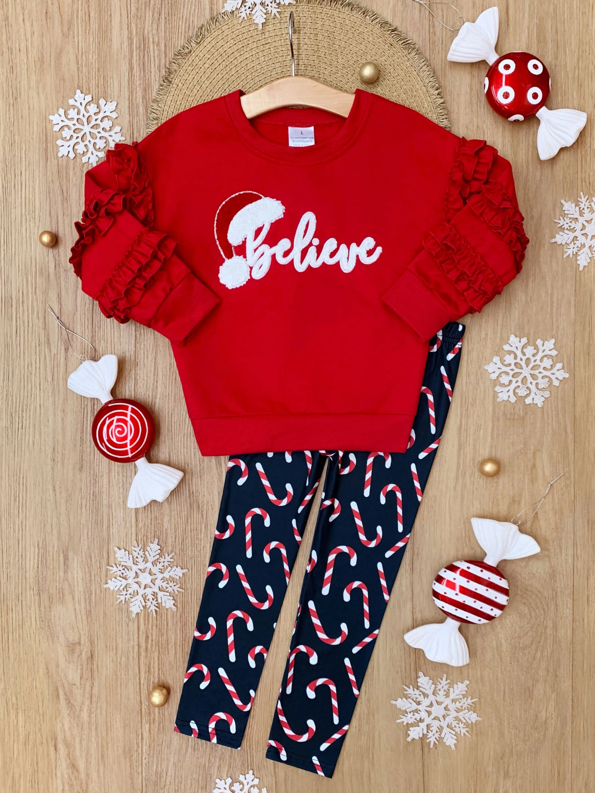 "Believe" Embroidered Christmas Top & Candy Cane Legging Set