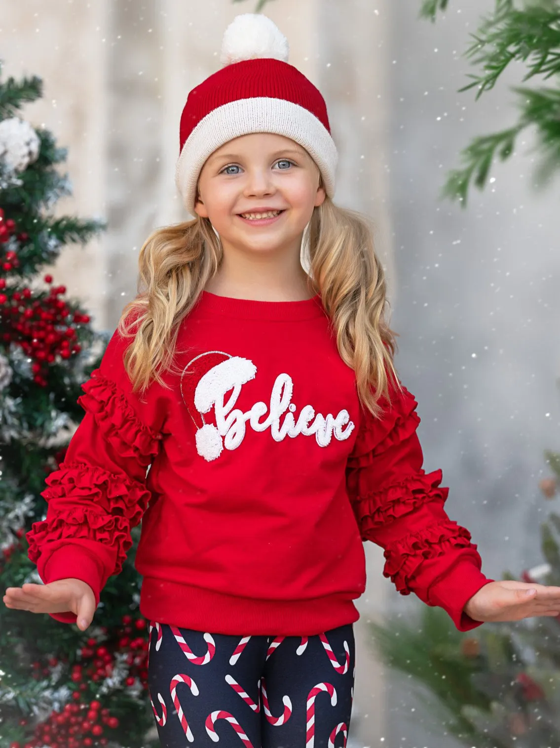 "Believe" Embroidered Christmas Top & Candy Cane Legging Set