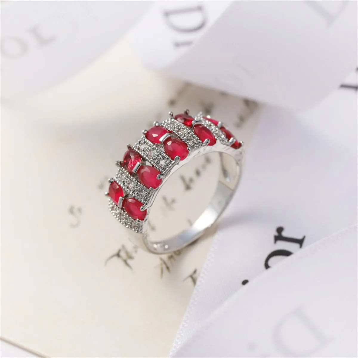 Red Cubic Zirconia & Crystal Two-Row Oval-Cut Ring