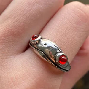 Red Cubic Zirconia & Silver-Plated Frog Adjustable Ring