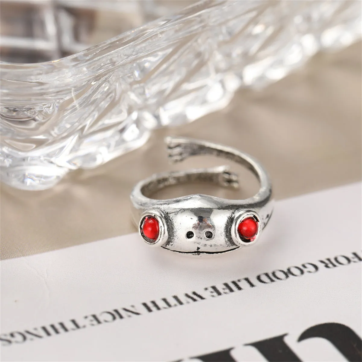 Red Cubic Zirconia & Silver-Plated Frog Adjustable Ring